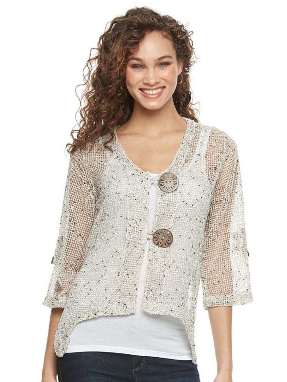 Nina Leonard Open Weave Knit Top in Cream and Black Size Large